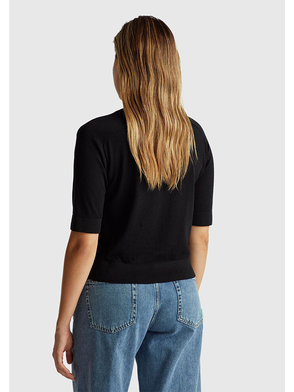 Siyah Kadın Sİyah %100 Yün Bisiklet Yaka Kısa Kollu Kazak-2