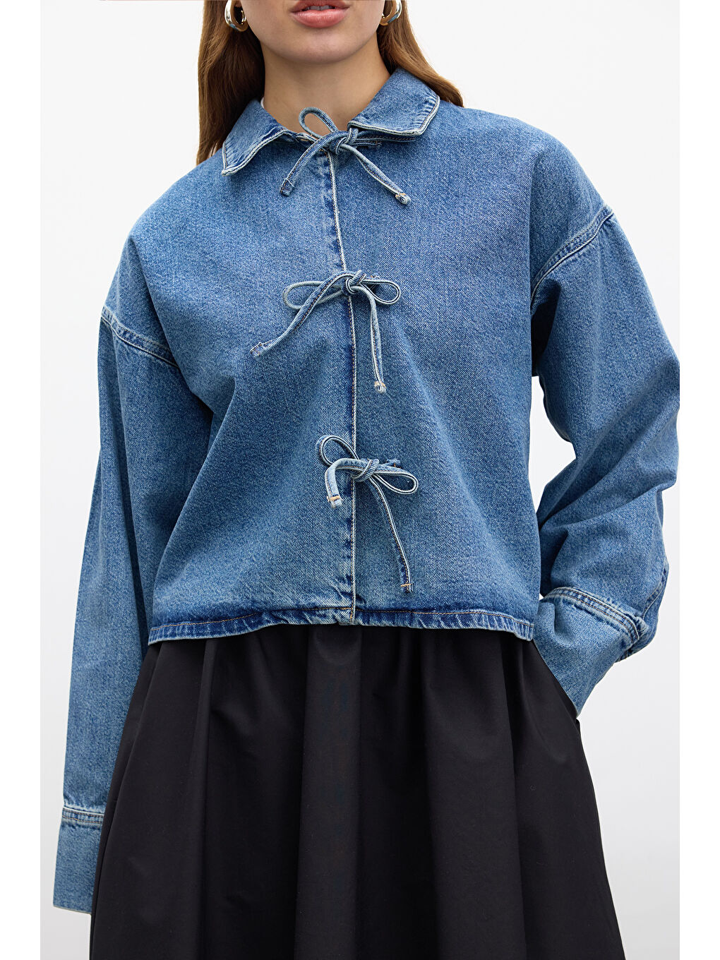 Bağcıklı Denim Bluz Mavi-4