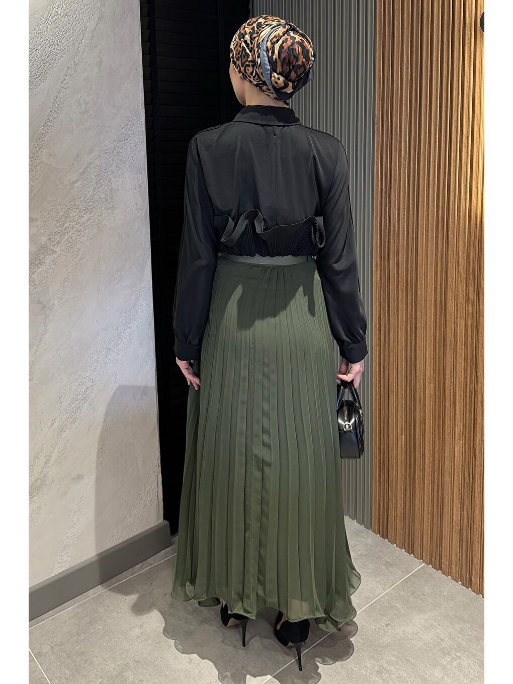 Haki Kemerli Piliseli Tesettür Şifon Etek-6