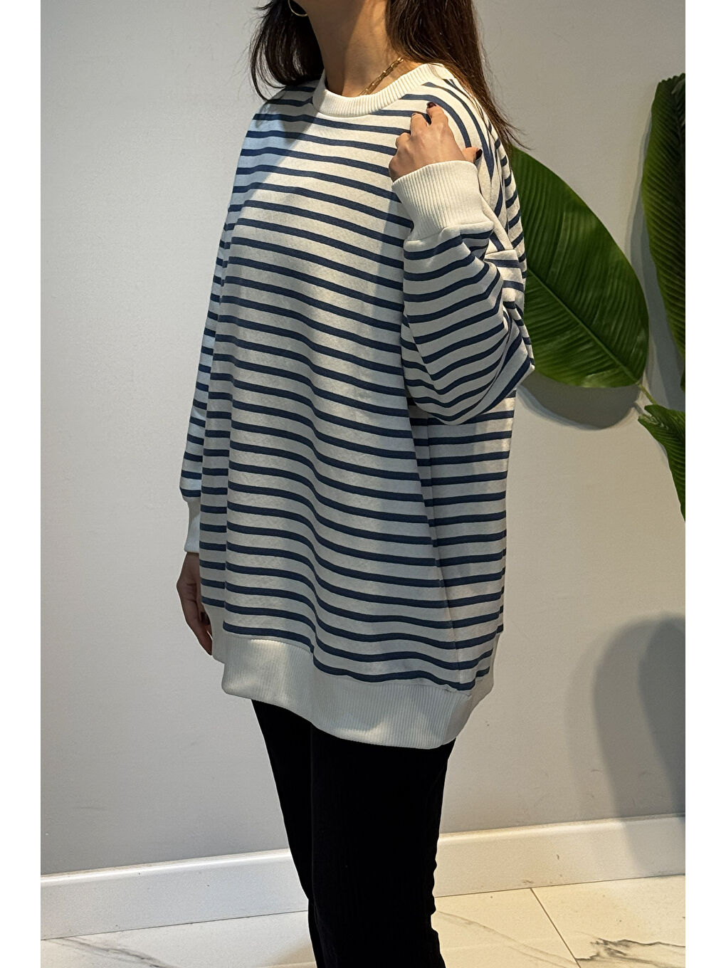 Bisiklet Yaka Çizgili Basic Uzun Kol Sweatshirt 3030 Mavi-2