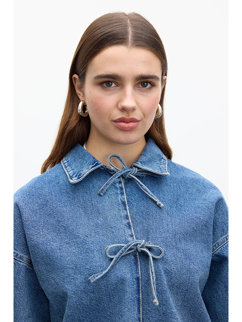 Bağcıklı Denim Bluz Mavi-5