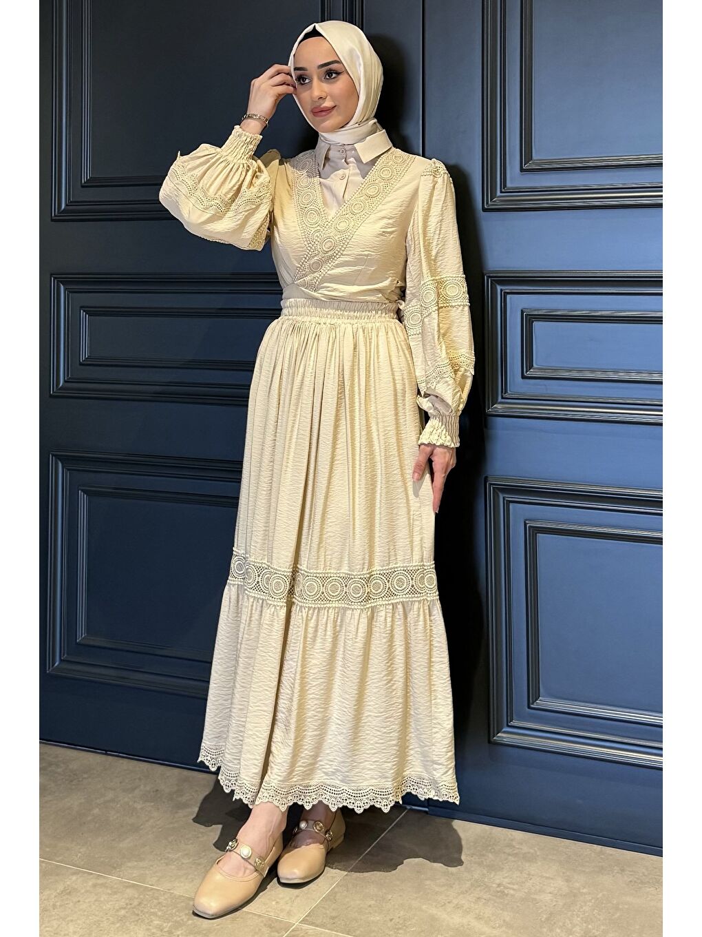 Bej Fistolu Bel Bağlamalı Gömlek Etek Tesettür İkili Takım (s-m-l Uygundur)-1