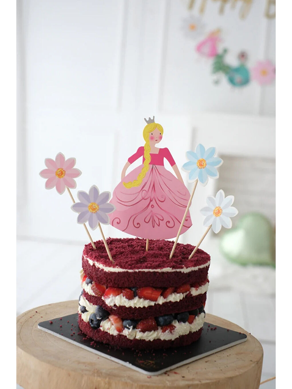 Karışık Çok Renkli  Prenses ve Çiçek Figürlü 5'li Kürdan Pasta Süsü-1