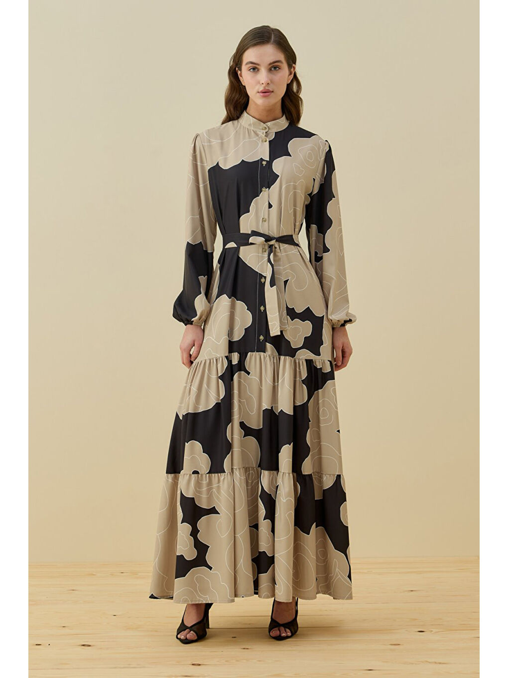Bej Etek Ucu Fırfır Detay Desenli Bloom Elbise 1784 Taş