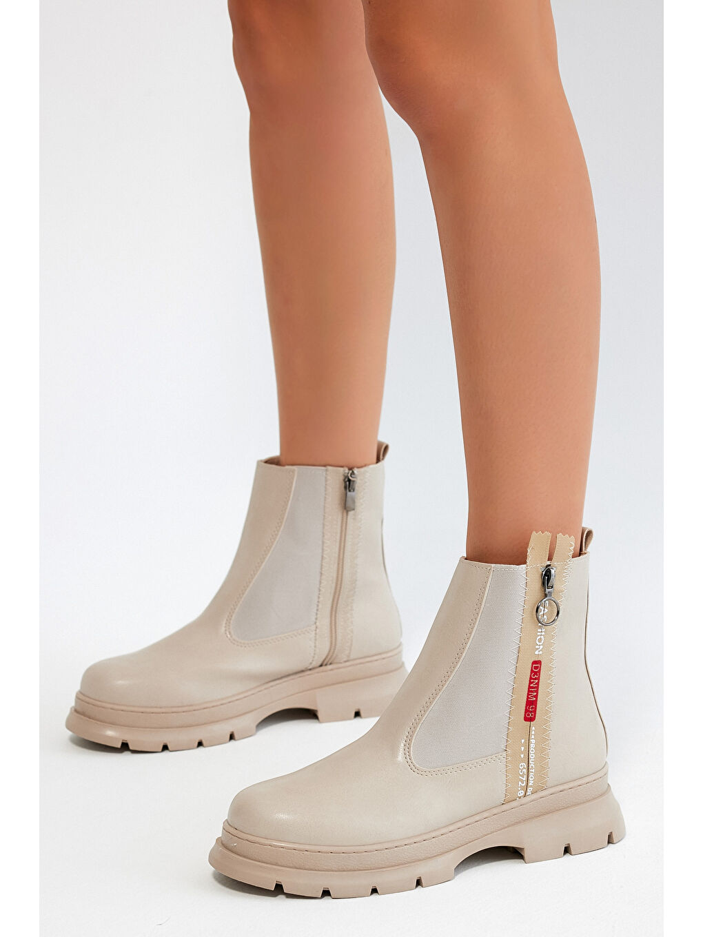 Bej Kadın Ten Cilt Kalın Termo Taban Çift Fermuarlı Lastikli Bot-2