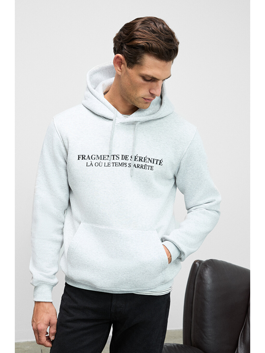 Cornelıus Erkek Önü Ve Kolları Baskılı Kapüşonlu Kordonlu Kanguru Cepli Gri Melanj Sweatshirt-3