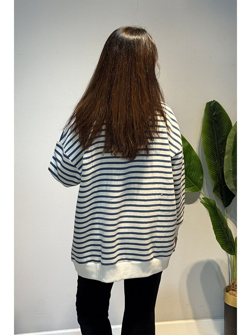 Bisiklet Yaka Çizgili Basic Uzun Kol Sweatshirt 3030 Mavi-3