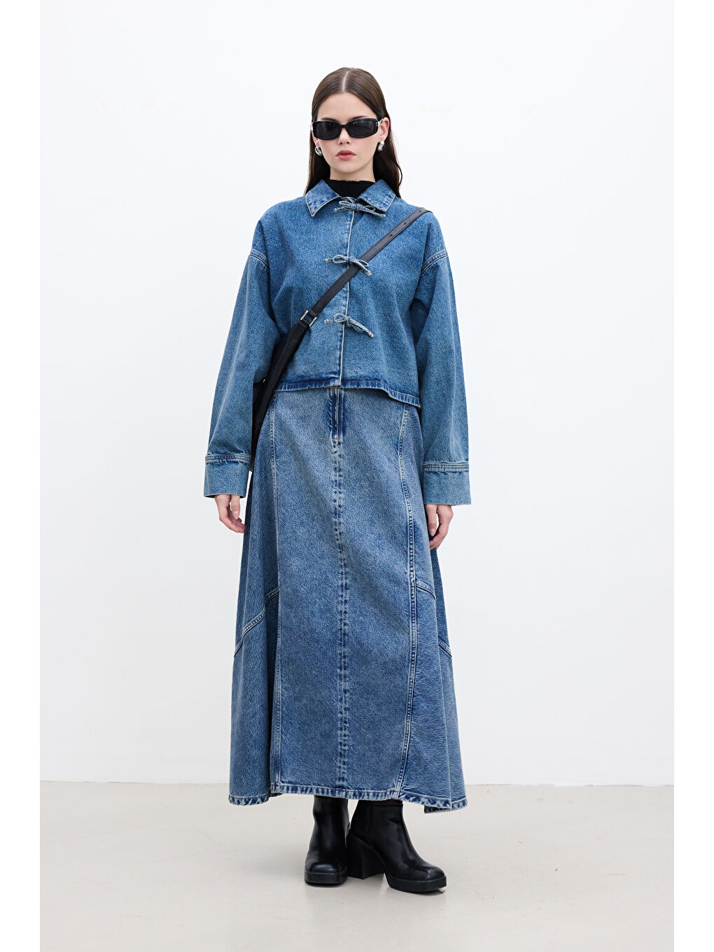 Bağcıklı Denim Bluz Mavi-6