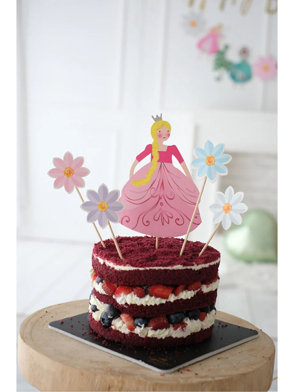 Karışık Çok Renkli  Prenses ve Çiçek Figürlü 5'li Kürdan Pasta Süsü-2