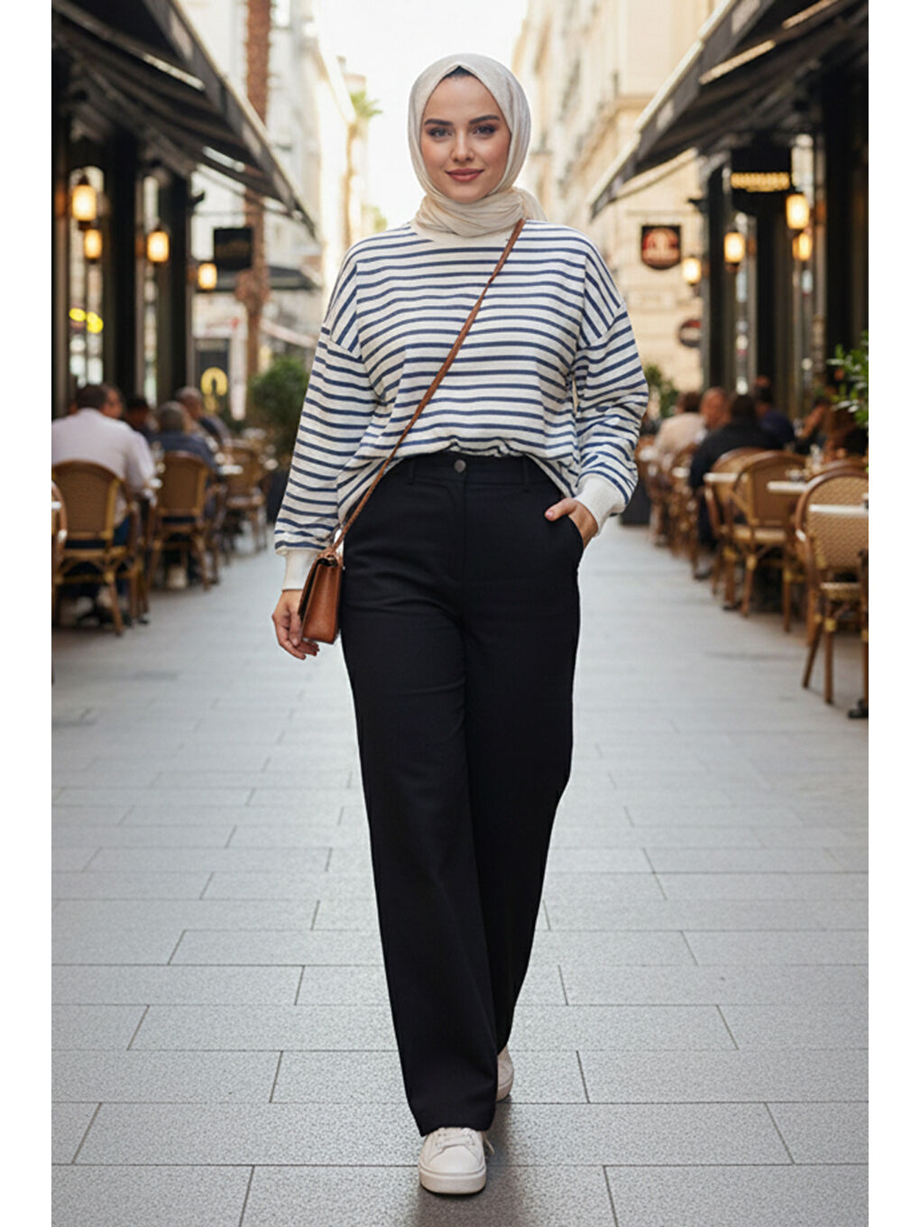 Bisiklet Yaka Çizgili Basic Uzun Kol Sweatshirt 3030 Mavi-4