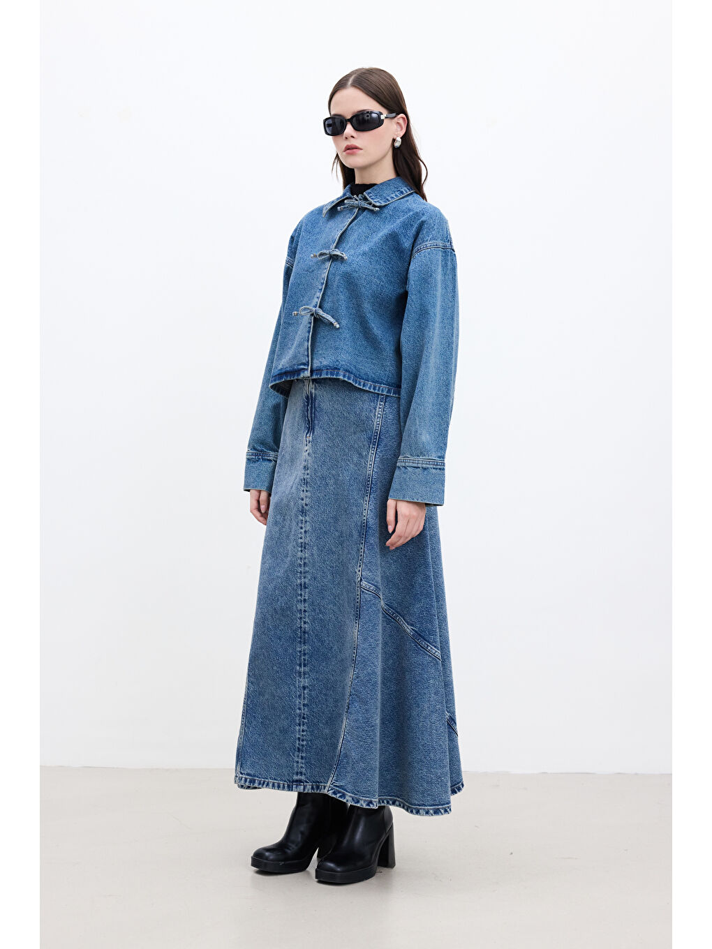 Bağcıklı Denim Bluz Mavi-7