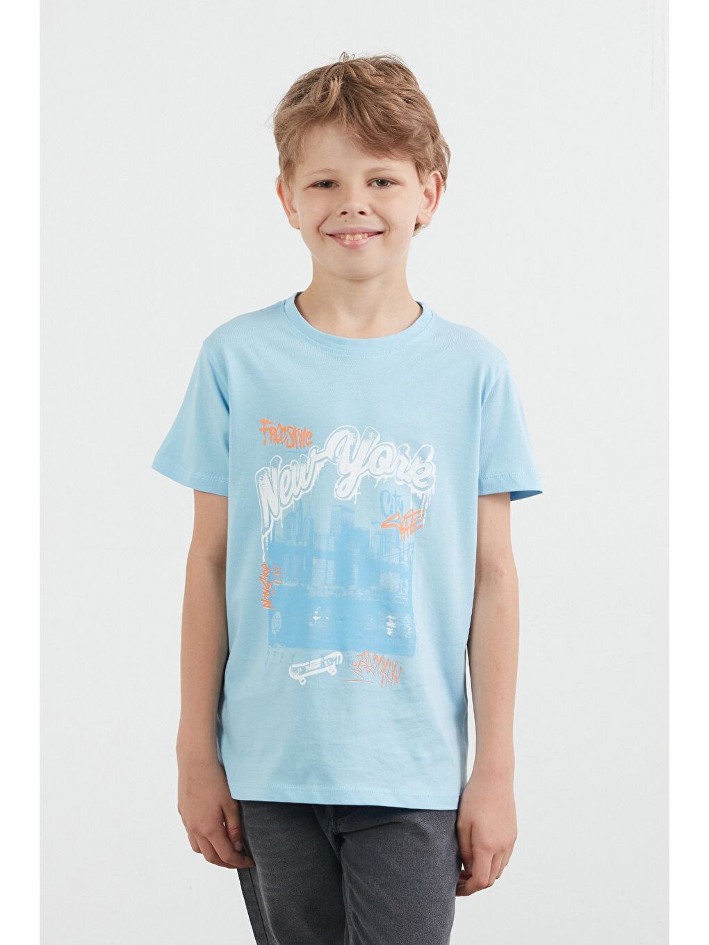Mavi %100 Pamuk New York Baskılı Erkek Çocuk Tişört
