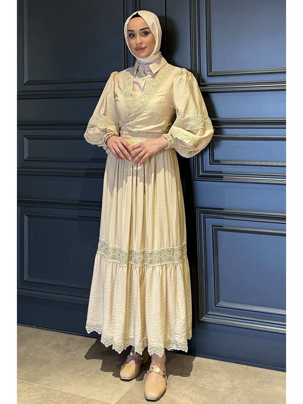 Bej Fistolu Bel Bağlamalı Gömlek Etek Tesettür İkili Takım (s-m-l Uygundur)-3