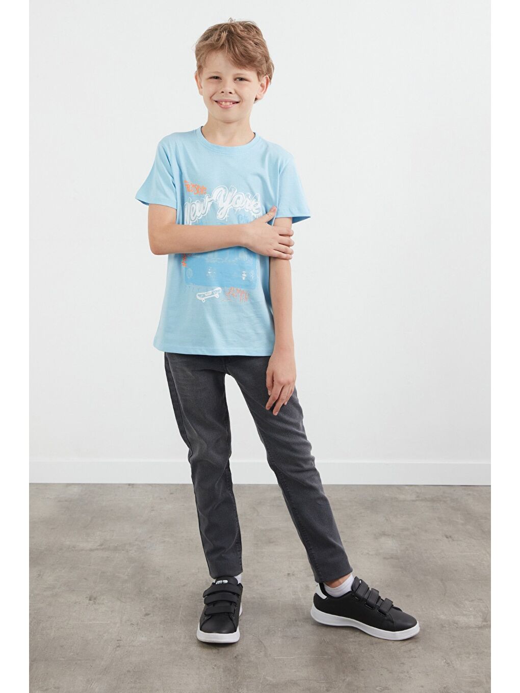 Mavi %100 Pamuk New York Baskılı Erkek Çocuk Tişört-1
