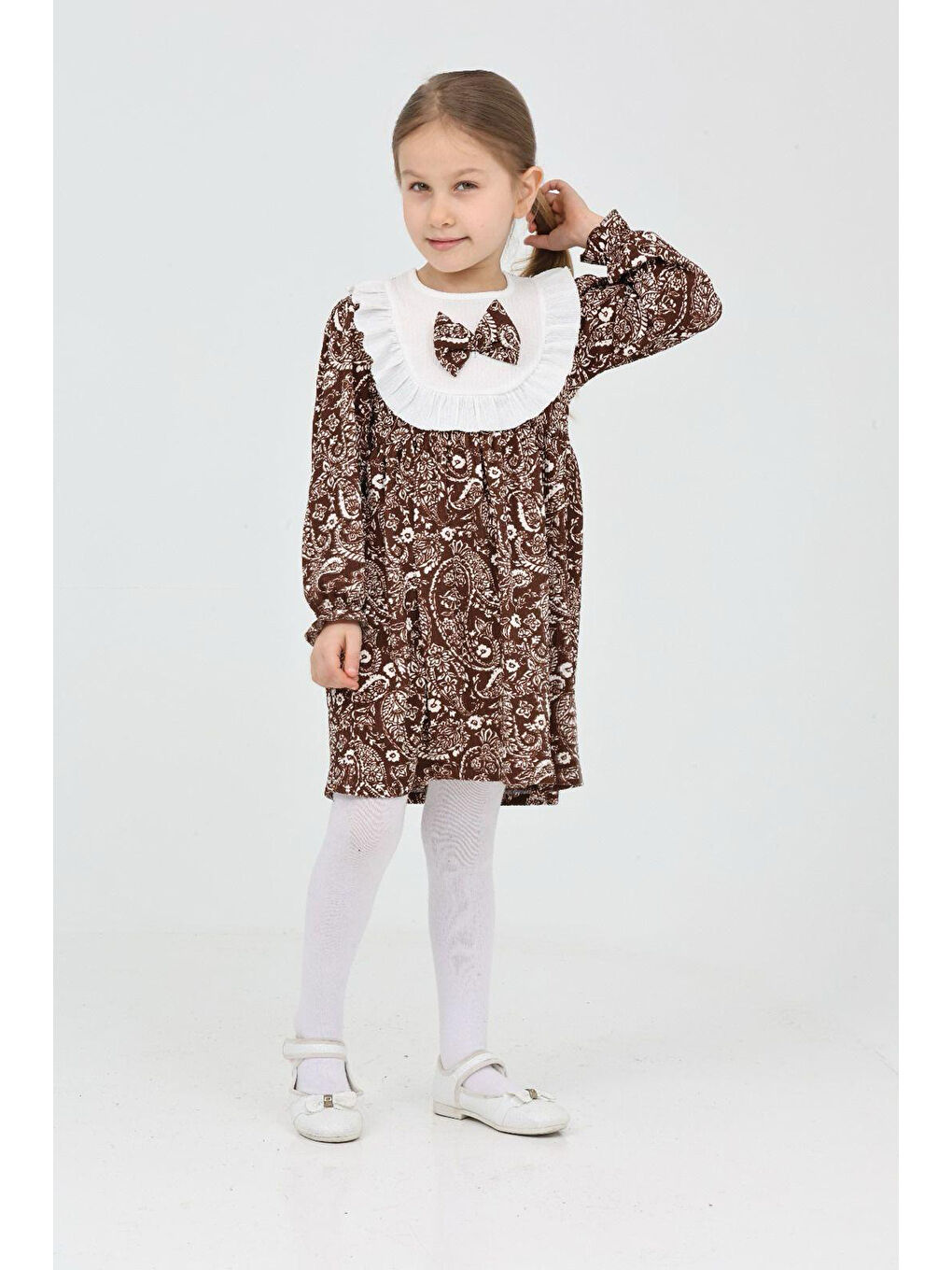 Kahverengi Kız Çocuk Bürümcük Kumaş Yaka ve Fiyonk Detaylı Elbise 12188