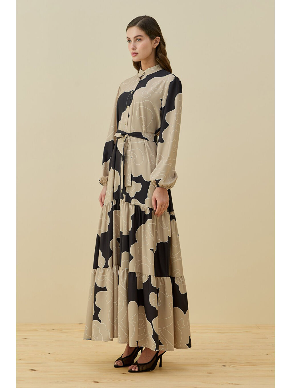 Bej Etek Ucu Fırfır Detay Desenli Bloom Elbise 1784 Taş-1
