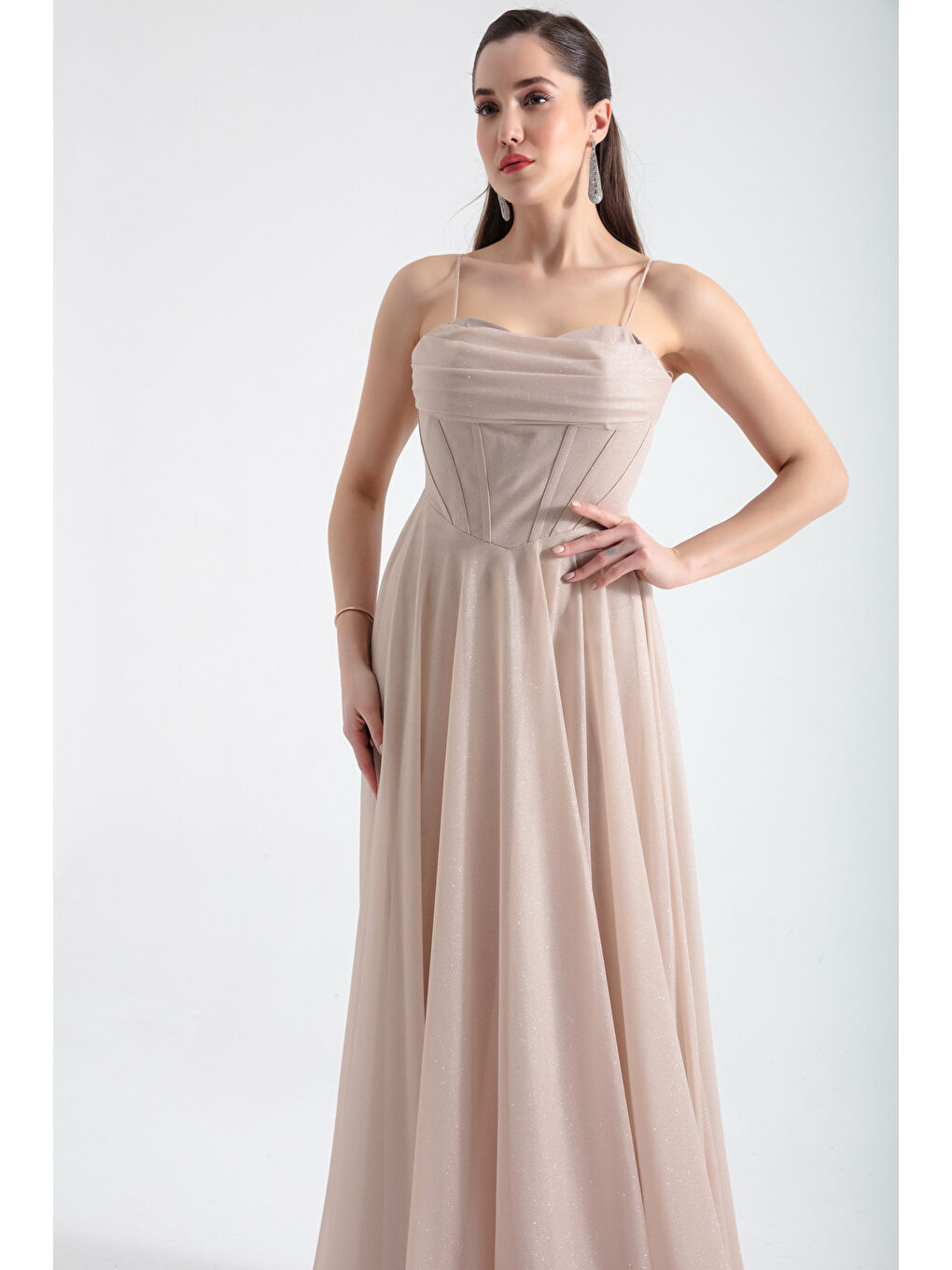 Kadın Bej Balen Korseli Simli Uzun Abiye Elbise-1