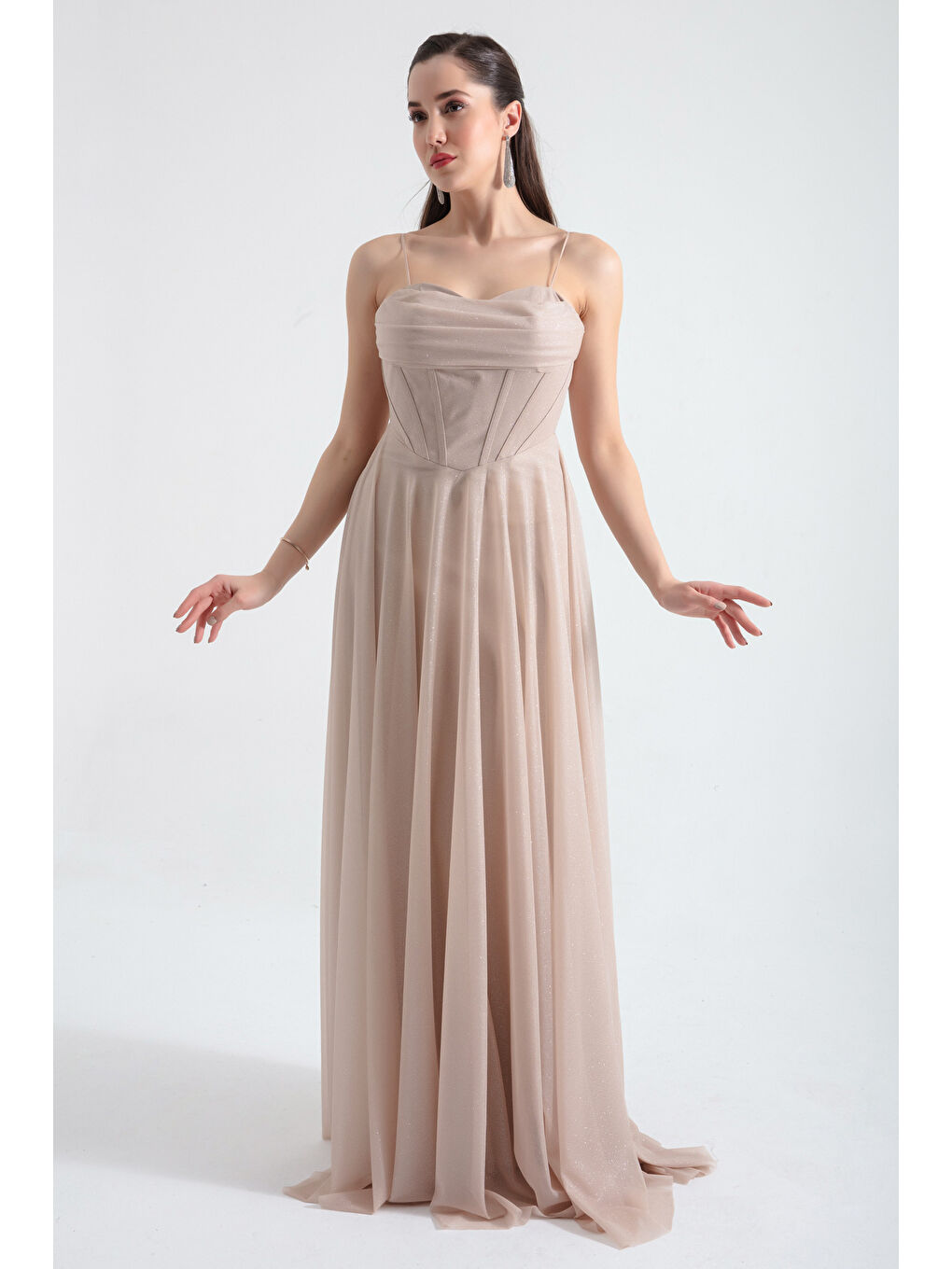 Kadın Bej Balen Korseli Simli Uzun Abiye Elbise-2