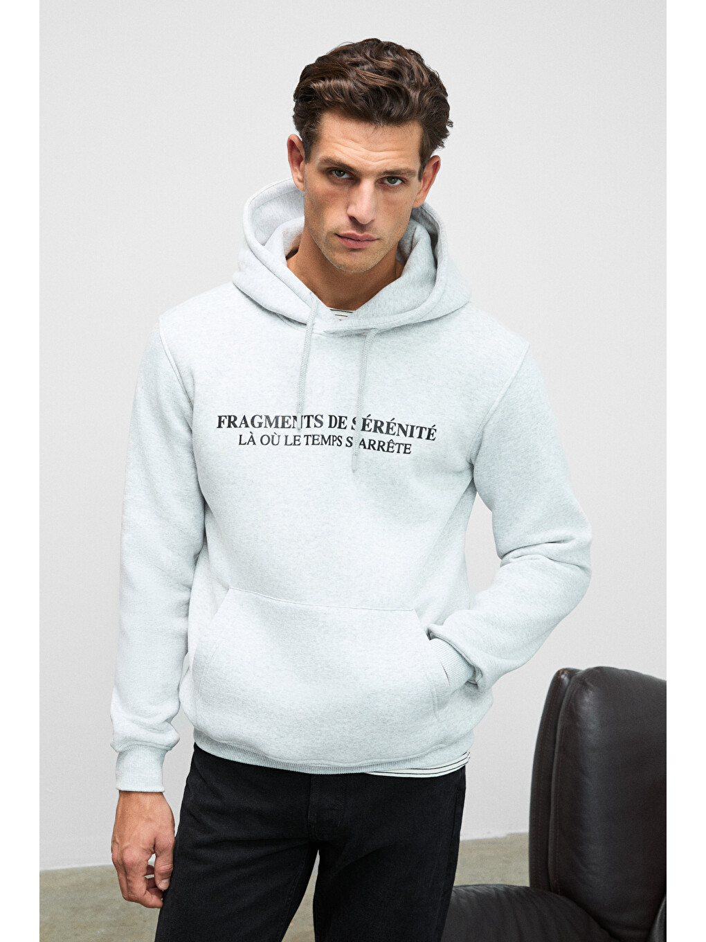 Cornelıus Erkek Önü Ve Kolları Baskılı Kapüşonlu Kordonlu Kanguru Cepli Gri Melanj Sweatshirt-4
