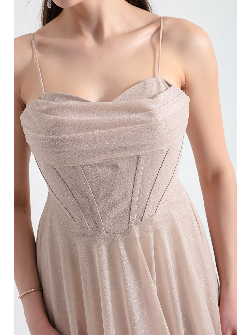 Kadın Bej Balen Korseli Simli Uzun Abiye Elbise-3