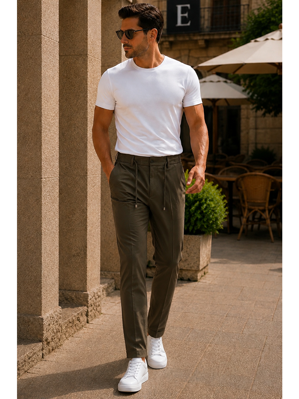Erkek Premium Poliamid Kumaş Comfort Fit Jogger Haki Pantolon - 252dngr-1