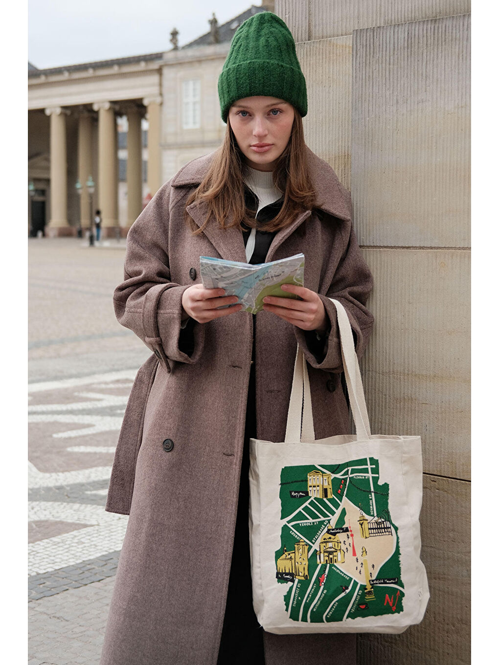 Beyaz Baskılı Körüklü Bez Çanta Kopenhag-Map-2