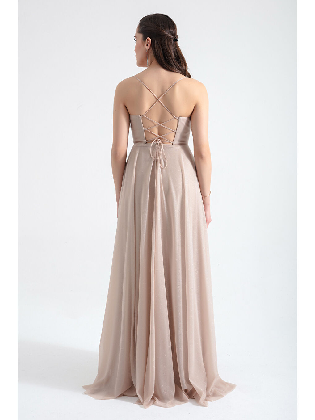 Kadın Bej Balen Korseli Simli Uzun Abiye Elbise-4