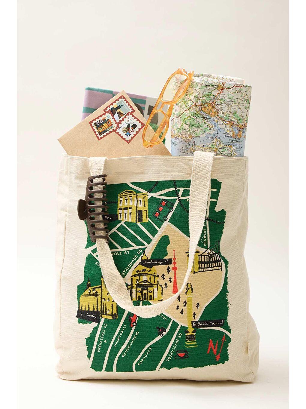 Beyaz Baskılı Körüklü Bez Çanta Kopenhag-Map-3