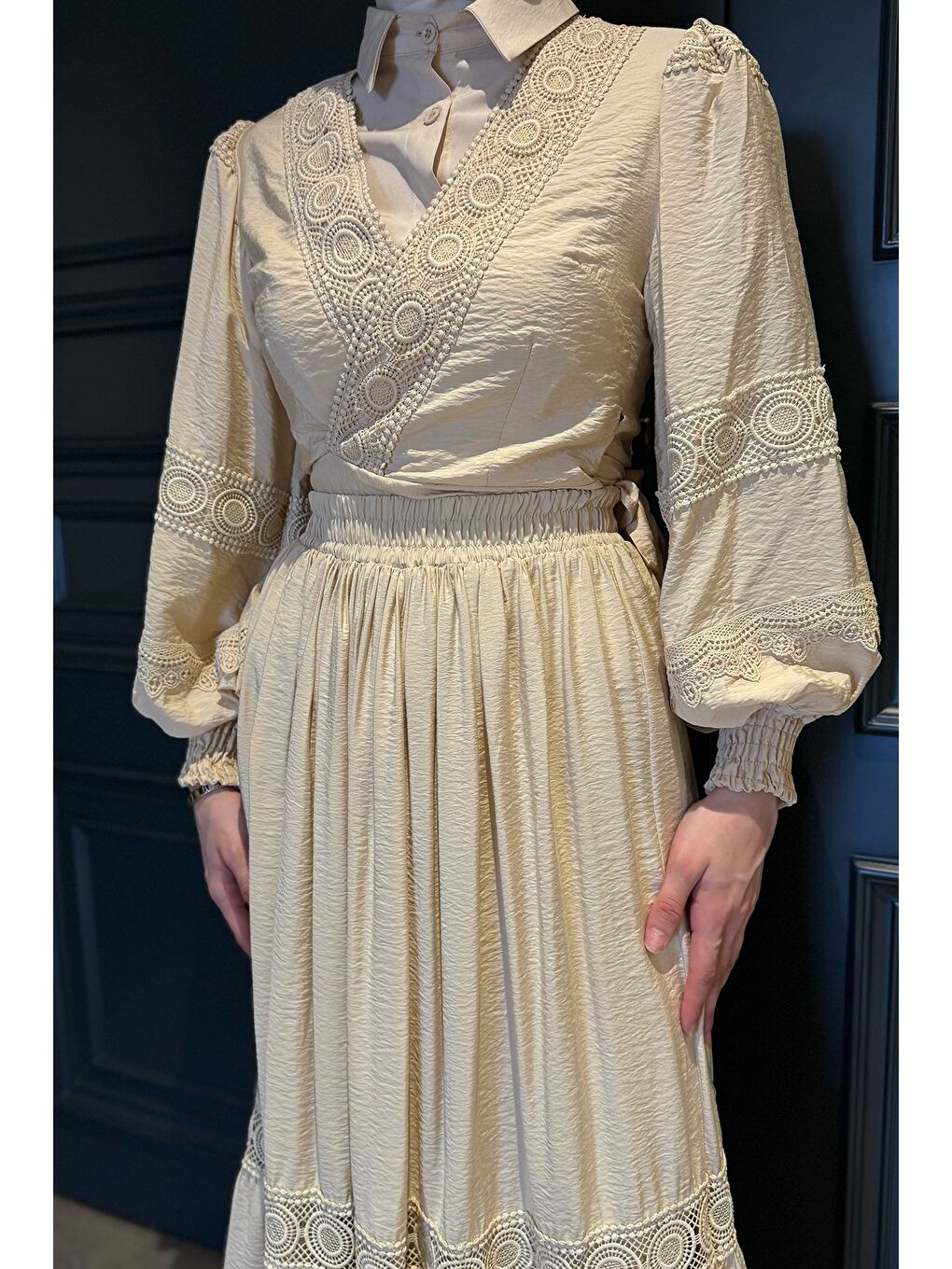 Bej Fistolu Bel Bağlamalı Gömlek Etek Tesettür İkili Takım (s-m-l Uygundur)-5