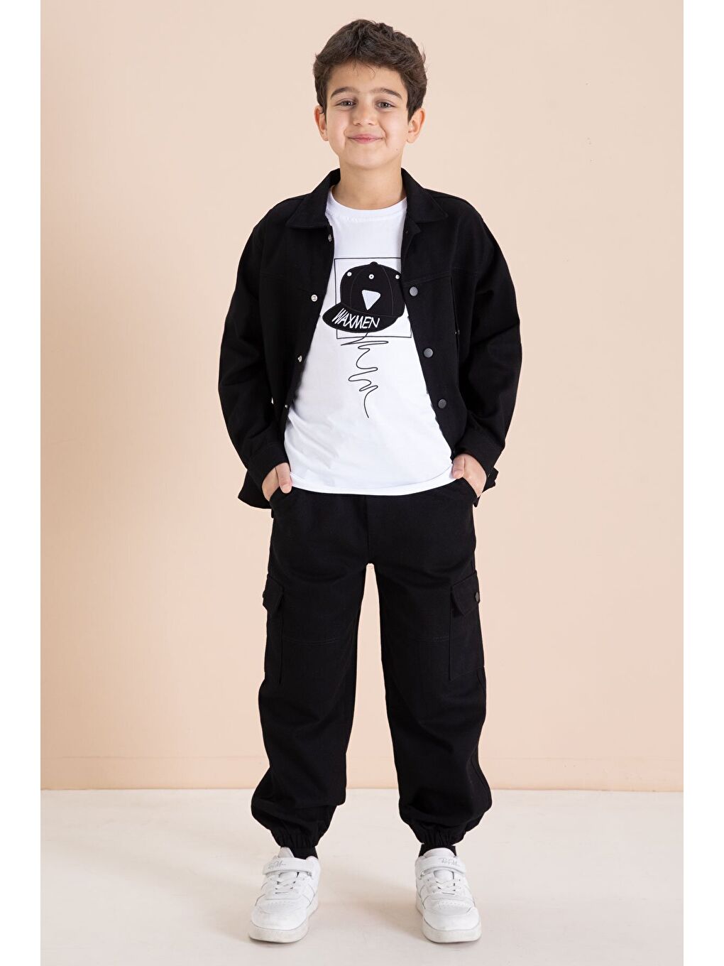 Siyah Kargo Cepli Jean Ceketli ve Pantolonlu Erkek Çocuk Tişörtlü 3lü Takım 23535-0
