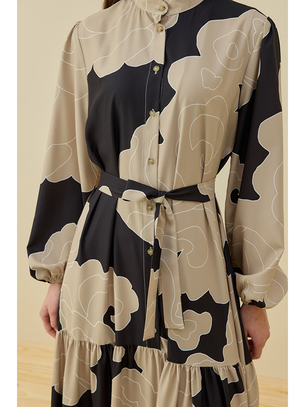 Bej Etek Ucu Fırfır Detay Desenli Bloom Elbise 1784 Taş-2