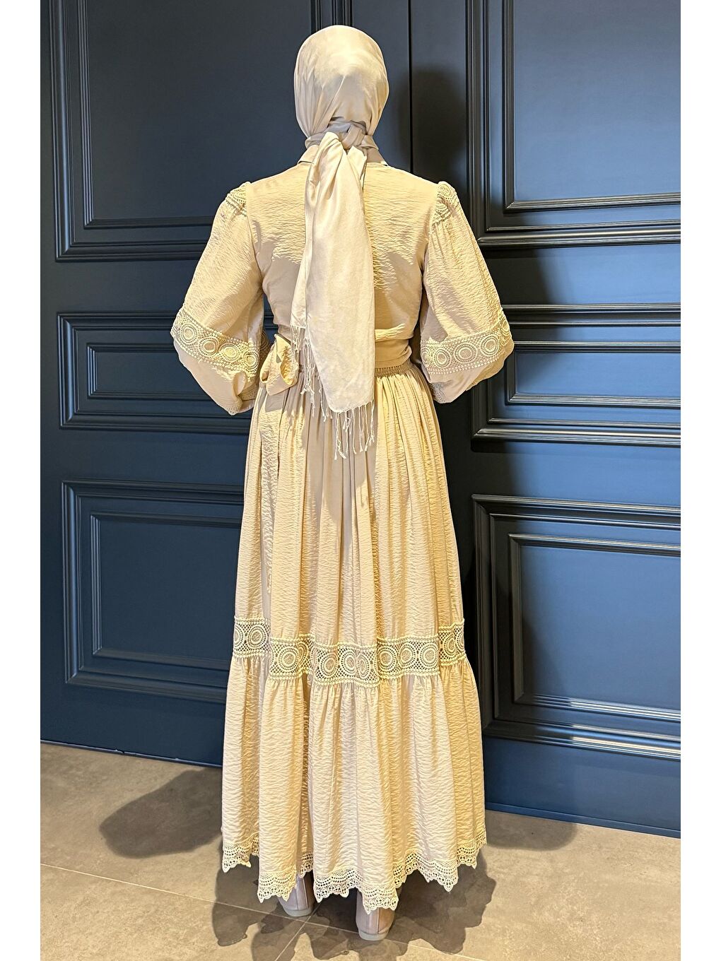 Bej Fistolu Bel Bağlamalı Gömlek Etek Tesettür İkili Takım (s-m-l Uygundur)-6