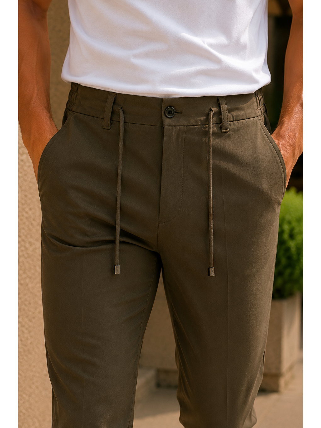 Erkek Premium Poliamid Kumaş Comfort Fit Jogger Haki Pantolon - 252dngr-3