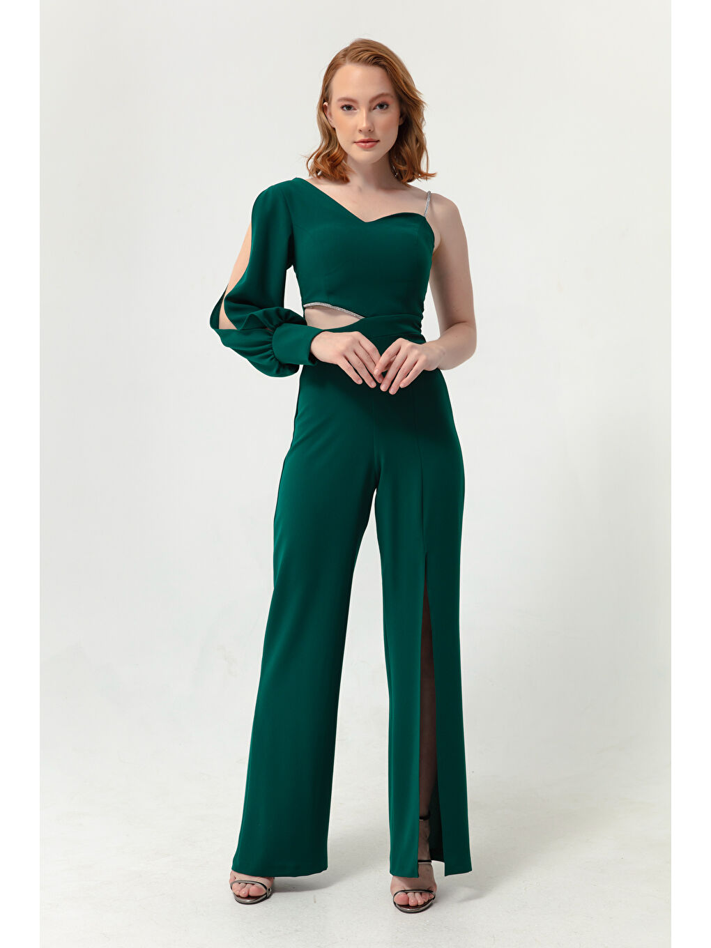 Kadın Zümrüt Yeşili Tek Kol Dekolteli Abiye Tulum-1