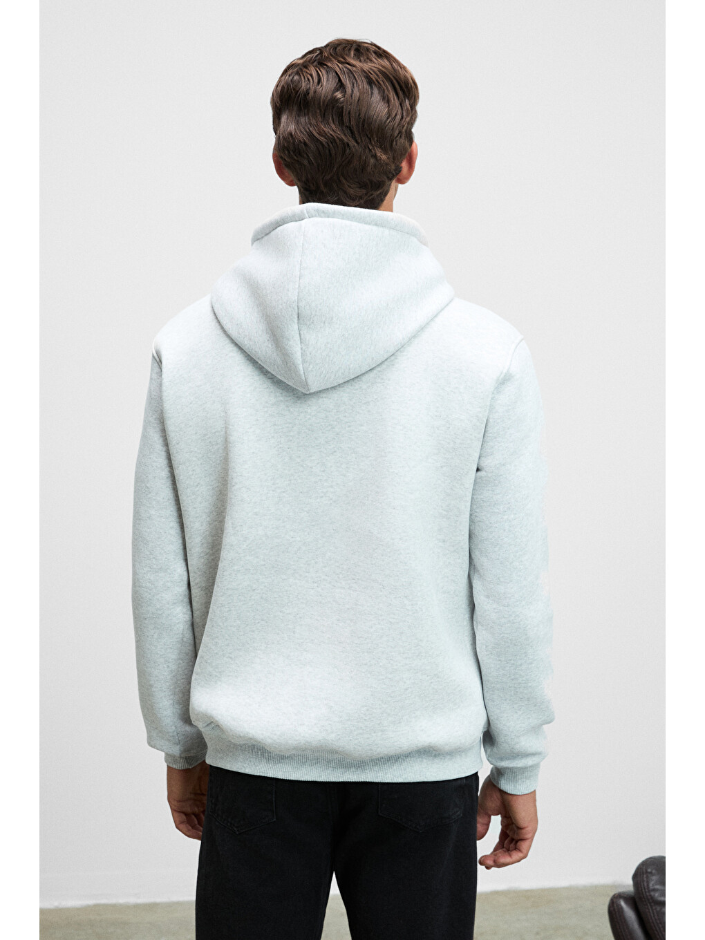Cornelıus Erkek Önü Ve Kolları Baskılı Kapüşonlu Kordonlu Kanguru Cepli Gri Melanj Sweatshirt-5