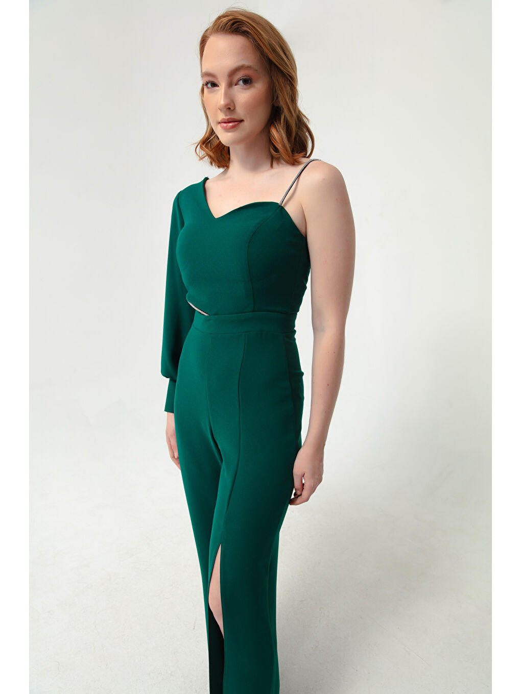 Kadın Zümrüt Yeşili Tek Kol Dekolteli Abiye Tulum-2