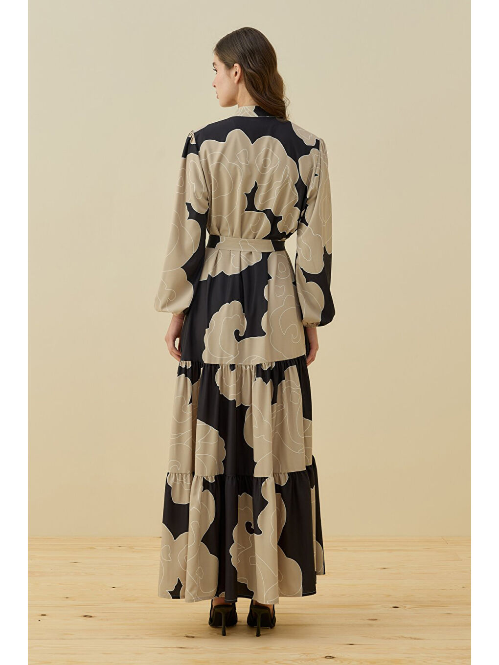 Bej Etek Ucu Fırfır Detay Desenli Bloom Elbise 1784 Taş-3