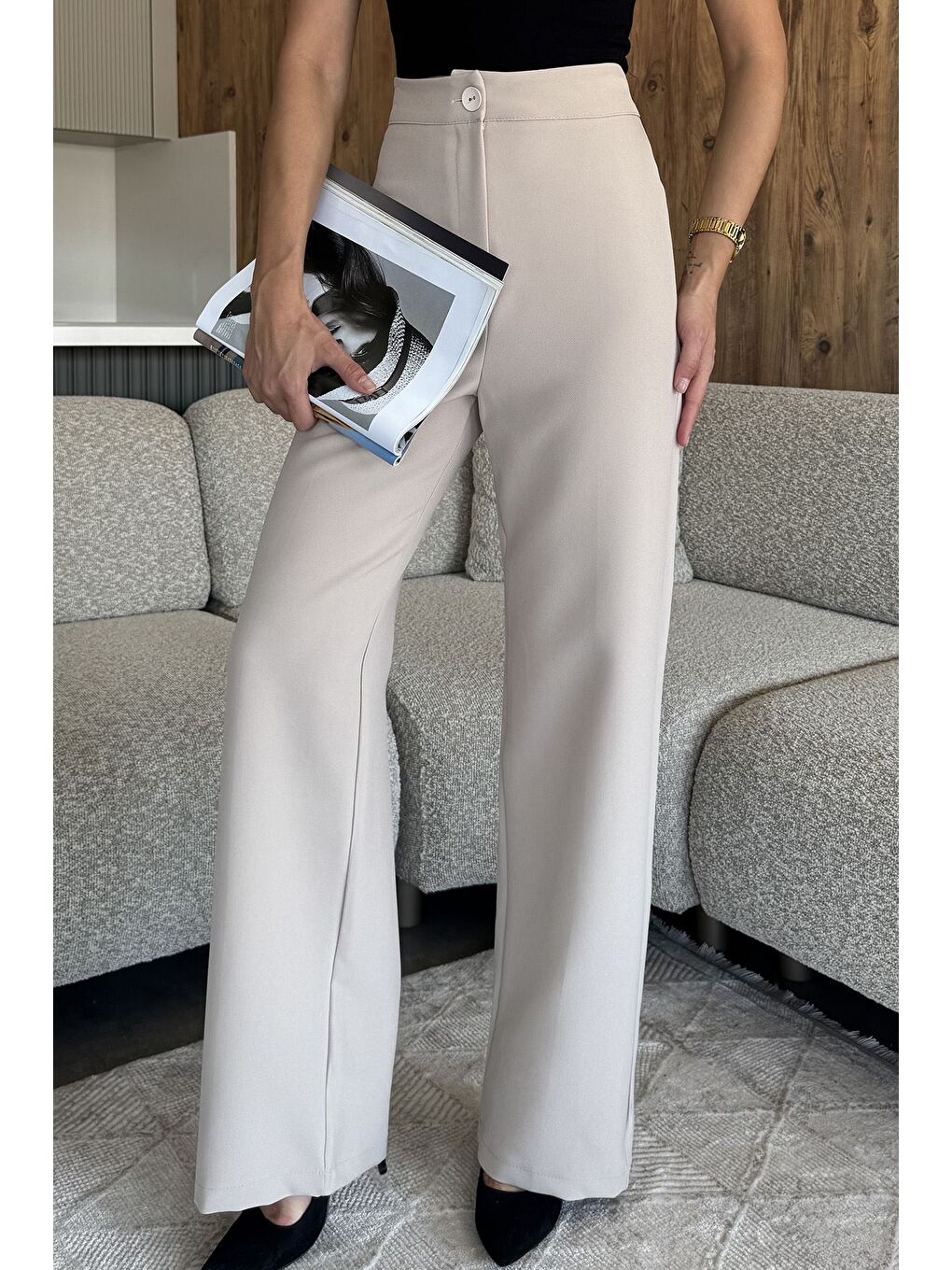 Bej Kadın Bol Paça Kumaş Pantolon-1