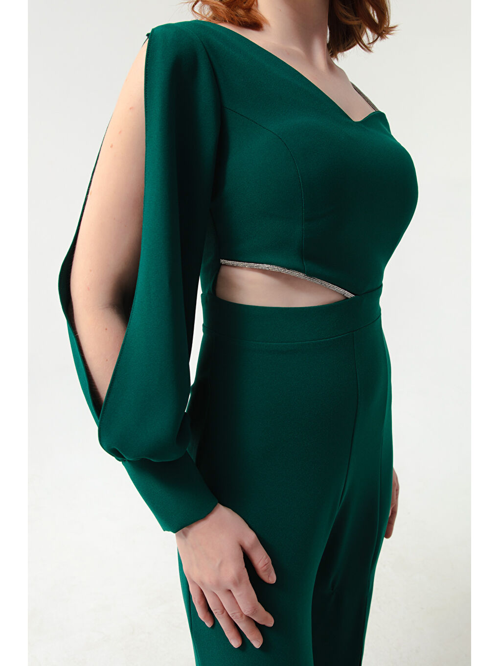 Kadın Zümrüt Yeşili Tek Kol Dekolteli Abiye Tulum-3