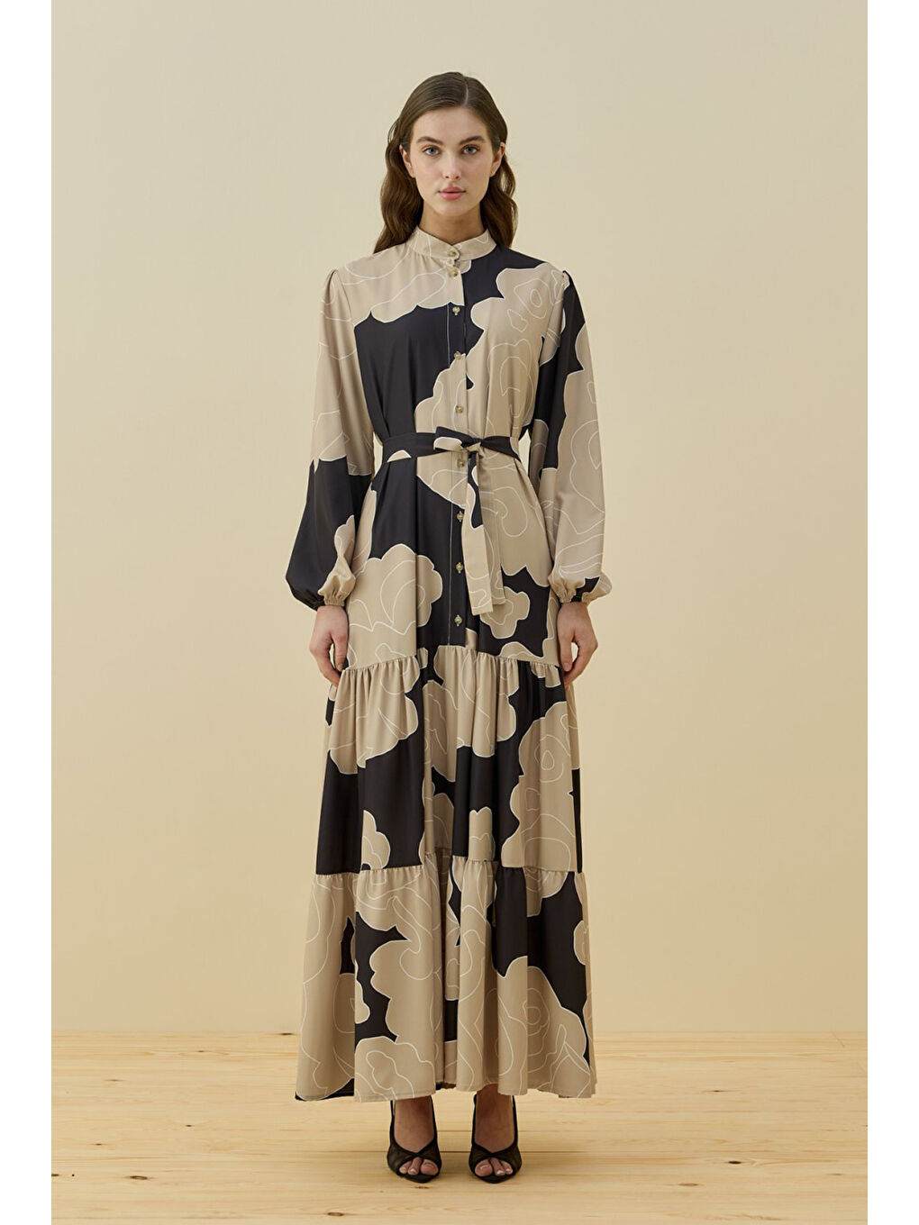 Bej Etek Ucu Fırfır Detay Desenli Bloom Elbise 1784 Taş-4