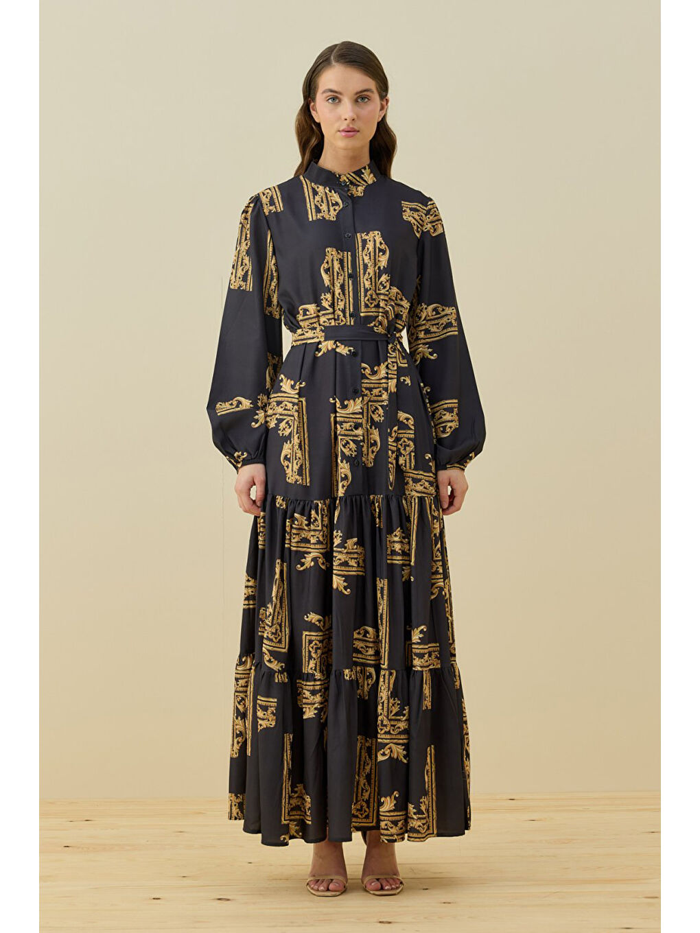 Sarı Desenli Ester Elbise 1662 Gold