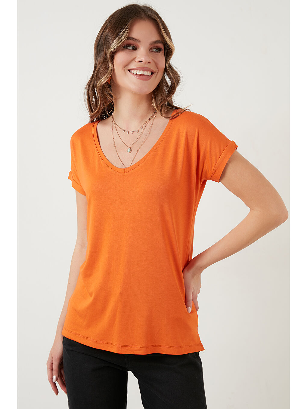 Turuncu V Yaka Relaxed Fit Yırtmaç Detaylı 2'li Paket Bluz 5862000S2-2