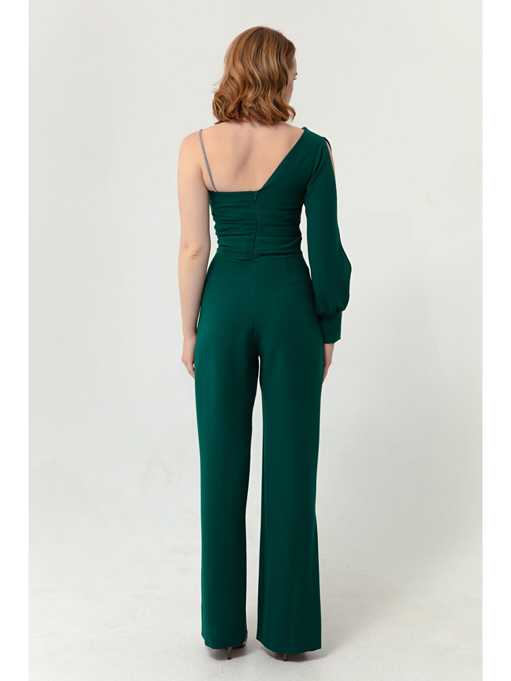 Kadın Zümrüt Yeşili Tek Kol Dekolteli Abiye Tulum-4