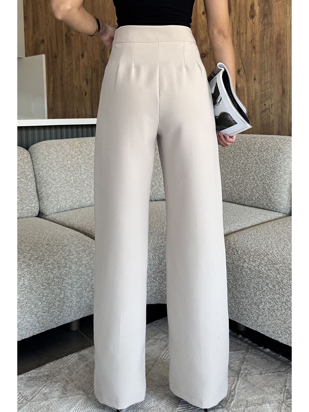 Bej Kadın Bol Paça Kumaş Pantolon-2