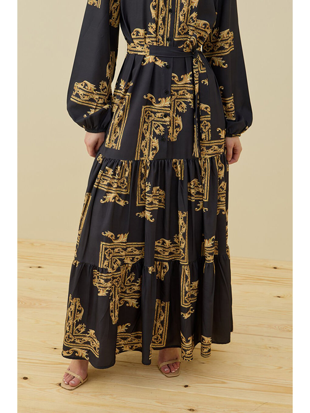 Sarı Desenli Ester Elbise 1662 Gold-1