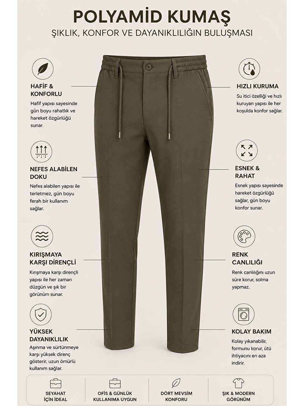 Erkek Premium Poliamid Kumaş Comfort Fit Jogger Haki Pantolon - 252dngr-5