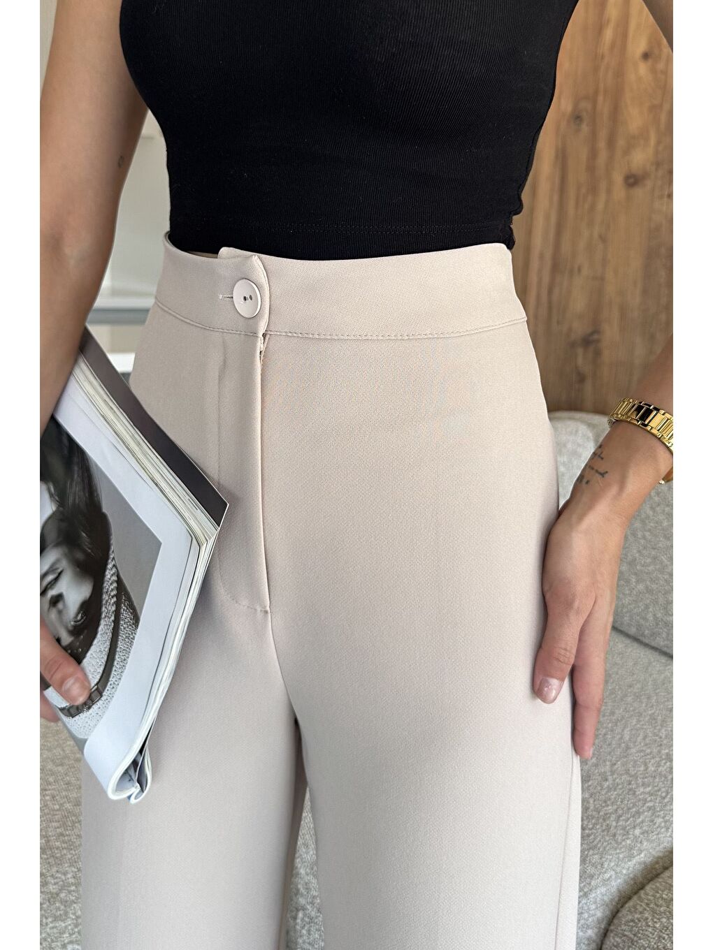 Bej Kadın Bol Paça Kumaş Pantolon-3