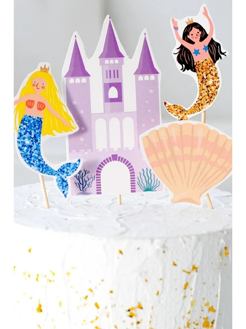 Karışık Çok Renkli  Deniz Kızı ve Şato Figürlü 4'lü Kürdan Pasta Süsü-2