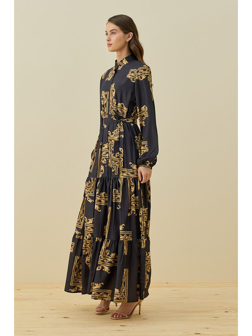 Sarı Desenli Ester Elbise 1662 Gold-2