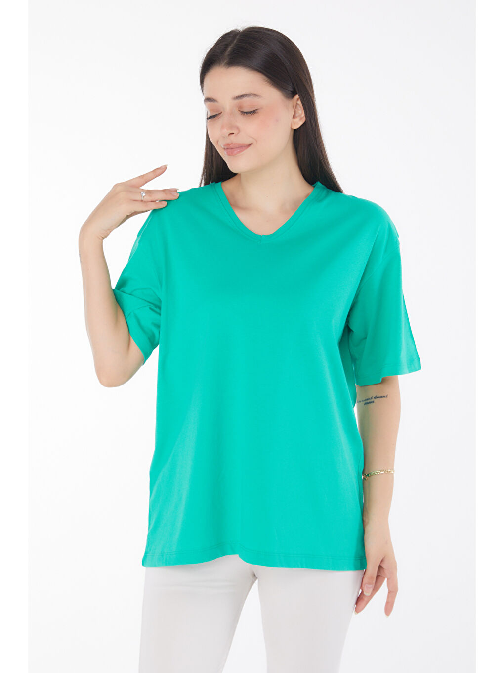 V Yaka T-Shirt Açik Yeşil - 25767